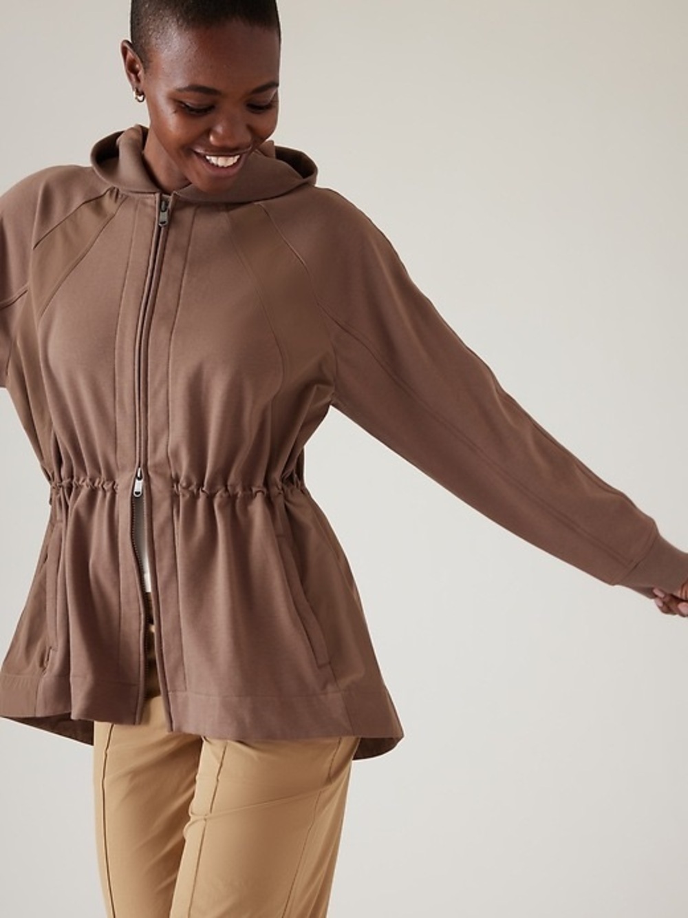 Athleta Triumph Hybrid Jacket Cinch Waist Hooded Double Zip Rustic Brown